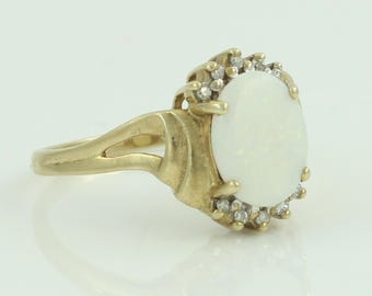 Vintage 10K Lab Created Opal Diamond Ring, October Birthstone Ring, 10K Yellow Gold Lab-Created Opal Ring Size 7 3/4, Vintage Jewelry