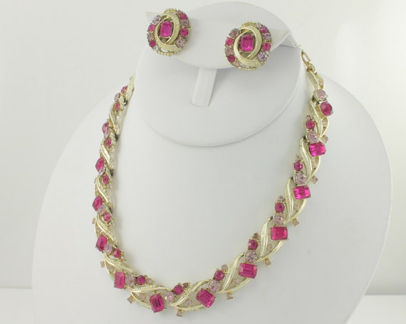 Vintage Coro Pink Rhinestone Choker Earring Set, 1960s Coro