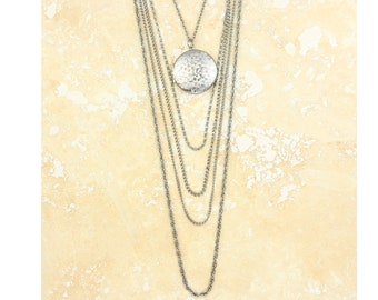 Vintage Silver Tone Locket Torsade Necklace, Seventies Multi Strand Silver Tone Locket Necklace, Layered Locket Necklace, Vintage Jewelry