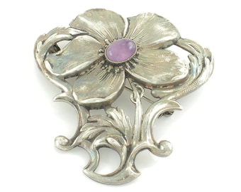 Scrolling Sterling Amethyst Repousse Poppy Flower Brooch - 925 Silver Floral Pin - 2 Inch 10.9 grams Circa 1930 - Vintage Estate Jewelry