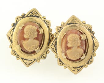 Vintage Brass Glass Lady Cameo Earrings, Victorian Revival Cameo Earrings circa 1940, Vintage Cameo Earrings, Vintage Jewelry