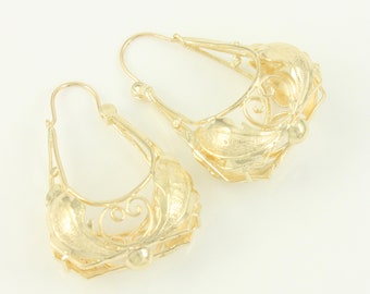 Large Ornate Vintage 14K Hoop Earrings, 14K Gold Fancy Drop Earrings, 1 3/8 Inch Long 14K Hoop Earrings, Vintage 14K Hoops, Vintage Jewelry