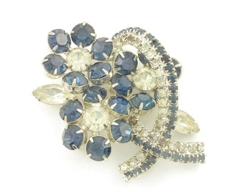 Vintage Blue Flower Ribbon Rhinestone Brooch, Vintage Blue Clear Rhinestone Floral Brooch, Blue Clear Rhinestone Flower Pin, Vintage Jewelry