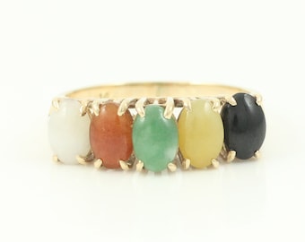 Vintage 14K Multi Colored Jade Ring, 14K Gold 5 Stone Multi Color Jade Ring, 14K Green Yellow Black White Orange Jade Ring, Vintage Jewelry