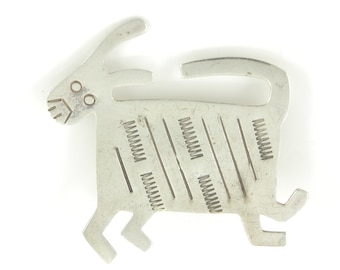 Vintage Sterling Silver Goat or Dog Brooch by Woods, Handmade 925 Silver Stamped Goat Brooch, 1980s Studio Silver Pin, Vintage Jewelry