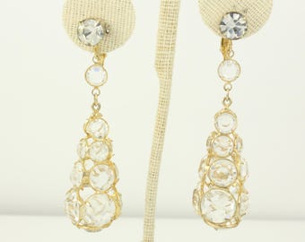 Vintage  Mid Century Mod Crystal Oversized Dangle Earrings, 1960s Crystal Gold Tone Drop Earrings, Crystal Dangle Earrings, Vintage Jewelry