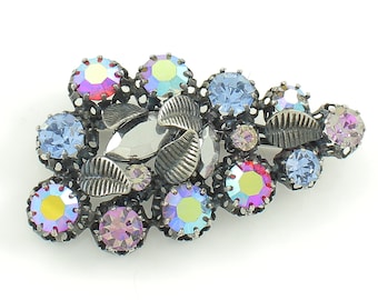 Stunning Colorful Rhinestone Aurora Borealis Oxidized Silver Tone Brooch - Red Purple Blue Pink Pin - Circa 1960 - Vintage Costume Jewelry