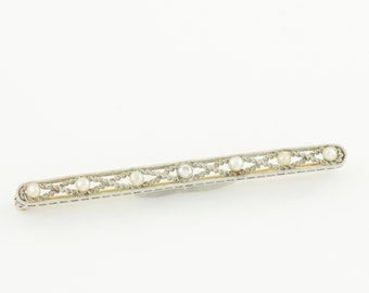 Edwardian Diamond Platinum Seed Pearl 14K Filigree Bar Pin - .10 CT Old European Cut Natural Diamond - 5.7g c1920- Antique Vintage Jewelry