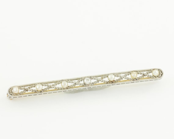 Edwardian Diamond Platinum Seed Pearl 14K Filigre… - image 1