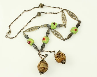 Vintage Art Deco Venetian Glass Lariat Necklace, Vintage Brass Glass Bead Deco Necklace, Vintage Green Flapper Necklace, Vintage Jewelry
