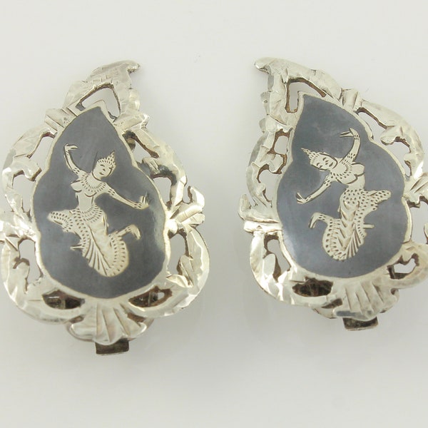 Vintage Siam Temple Dancer Sterling Silver Black Enamel Earrings, Vintage Niello Enamel Siam Sterling, Clip On Earrings, Vintage Jewelry