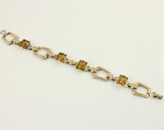 Vintage Art Deco Golden Yellow Glass Gold Tone Bracelet, Vintage Yellow Gold Tone Honey Colored Glass Link 7 1/2in Bracelet, Vintage Jewelry