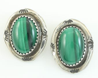 Vintage Southwestern Malachite Sterling Silver Earrings, Vintage 925 Sterling Silver Malachite Clip On Earrings,Vintage Southwestern Jewelry