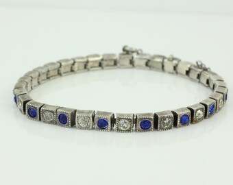 Art Deco Sterling Line Bracelet Royal Blue Clear Rhinestones, 925 Silver Square Link Bracelet Milgrain Detail, Something Old,Vintage Jewelry