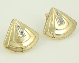 Vintage 14K Gold Diamond Fan Earrings, Classic 1980s 14K Yellow Gold Geometric Earrings, Vintage 14K Gold Diamond Earrings, Vintage Jewelry