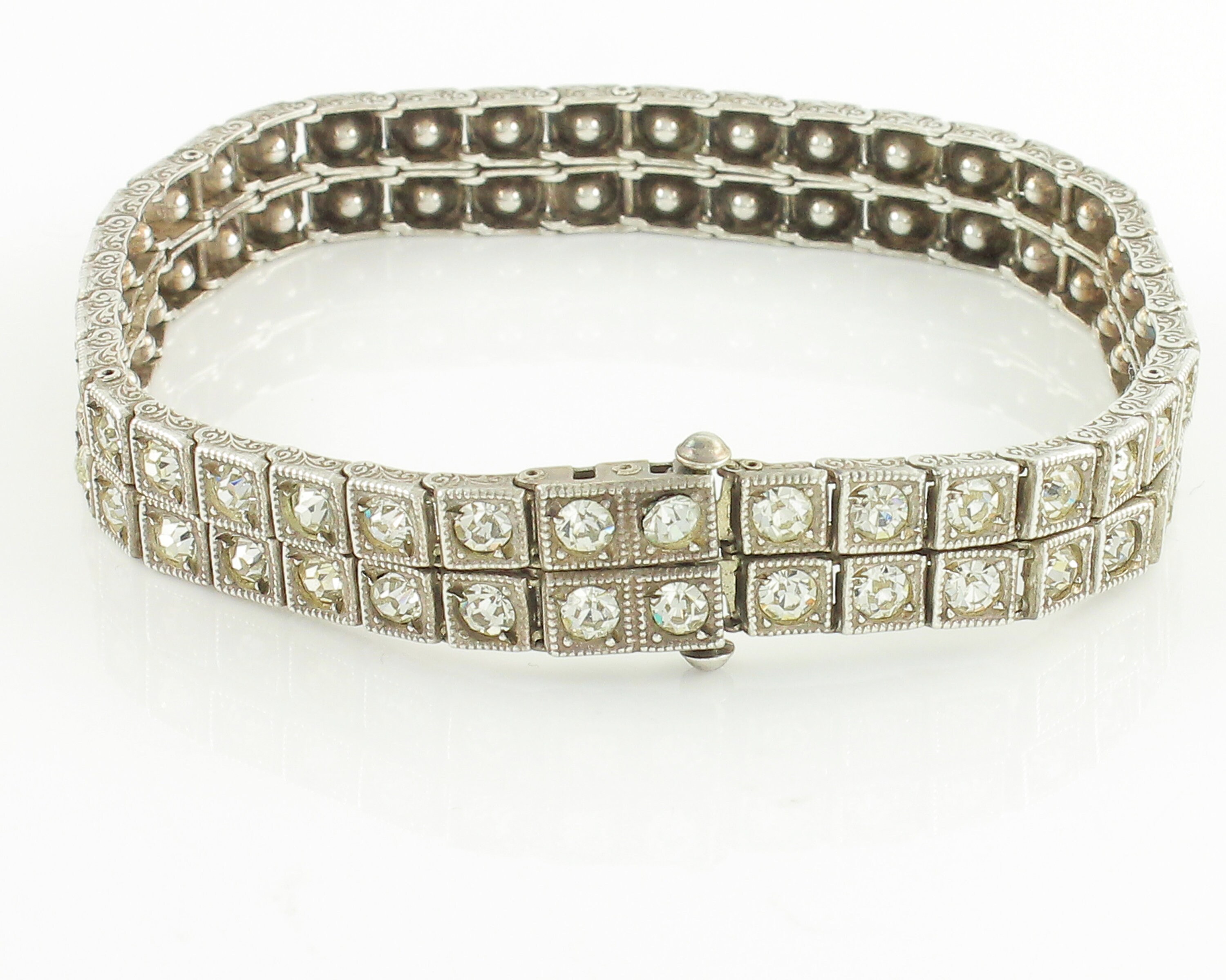 Art Deco Sterling Clear Paste Rhinestone Double Line Bracelet ...