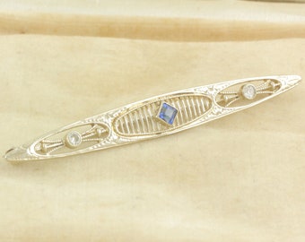 Edwardian 14K Diamond Created Sapphire Filigree Bar Pin - White Yellow Gold Brooch - .12 CT Old European Cut - Antique Vintage Jewelry