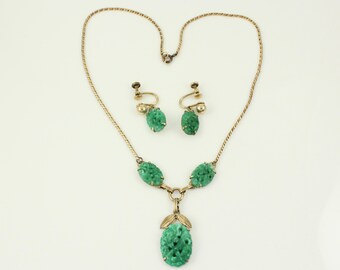 Vintage Van Dell Jadeite Green Glass 12KGF Necklace Earring Set, 1950s 12K GoldFill Simulated Jade Necklace Dangle Earrings, Vintage Jewelry