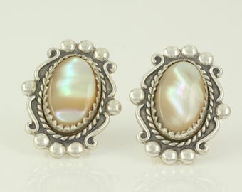 Vintage Southwestern Mother Pearl Sterling Earrings, New Old Stock Bell Trading Earrings, Mother Pearl Silver Pierced Studs, Vintage Jewelry