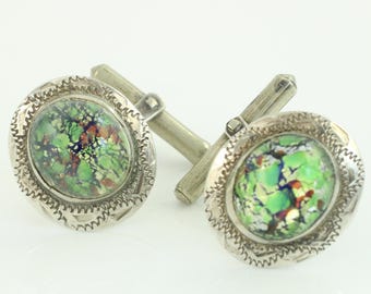 Vintage Mexican Sterling Silver Foil Art Glass Cuff Links, 1940s Mexico 925 Silver Green Glass Cufflinks, Vintage Cufflinks, Vintage Jewelry