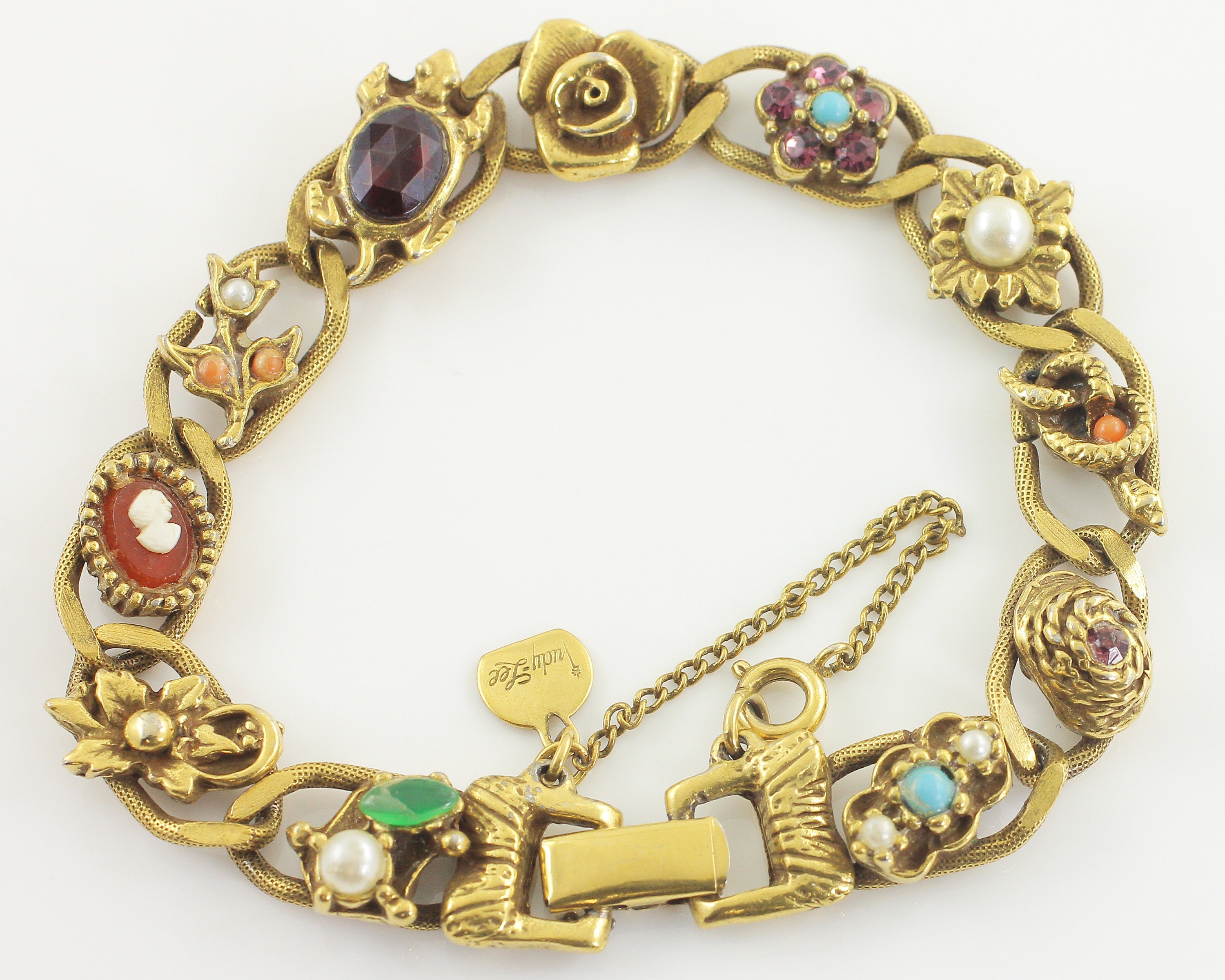 Victorian Revival Judy Lee Faux Slide Bracelet Gold Tone Cameo