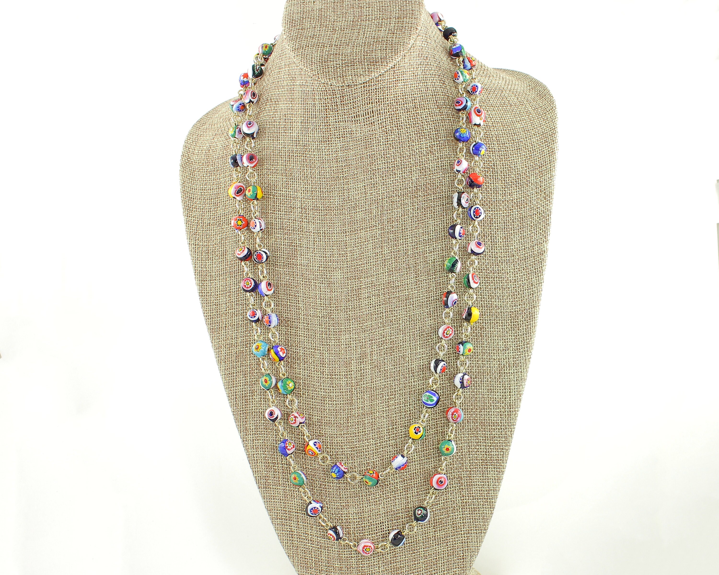 Millefiori Italian Glass Bead Long Necklace Colorful Station Necklace