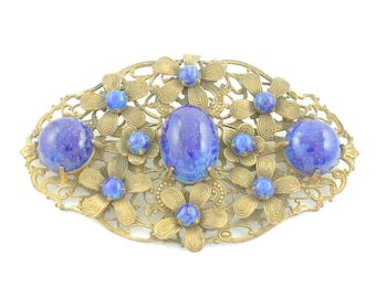 Vintage Lapis Glass Brass Flower Filigree Brooch, Vintage Faux Lapis Lazuli Filigree Brooch, 1930s Czech Flower Glass Pin, Vintage Jewelry