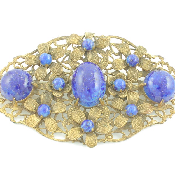Vintage Lapis Glass Brass Flower Filigree Brooch, Vintage Faux Lapis Lazuli Filigree Brooch, 1930s Czech Flower Glass Pin, Vintage Jewelry