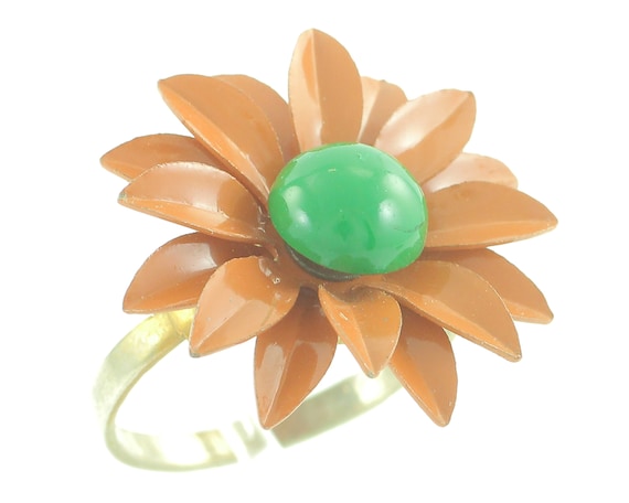 Vintage Enamel Flower Ring and Brooch Pin in Brow… - image 2