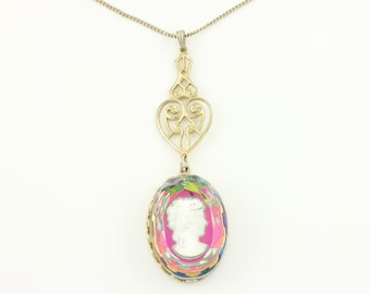 Vintage Aurora Borealis Intaglio Lavaliere Pendant Necklace, 1960s Glass Reverse Cameo Rainbow Aurora Borealis Necklace, Vintage Jewelry