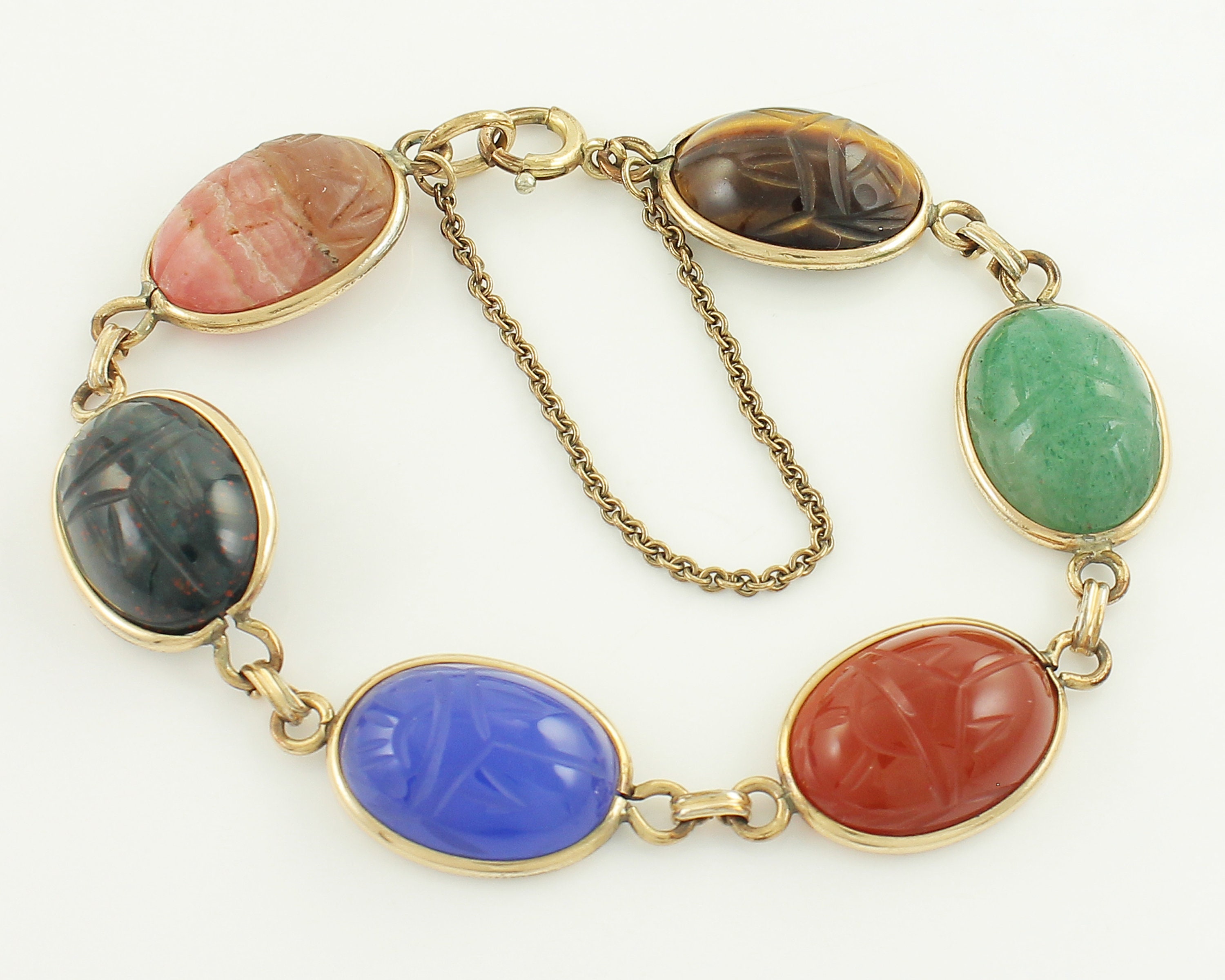 Lot - Three Gold-Filled and Hardstone Scarab Bracelets and Two Pairs of  Screw Back Earrings