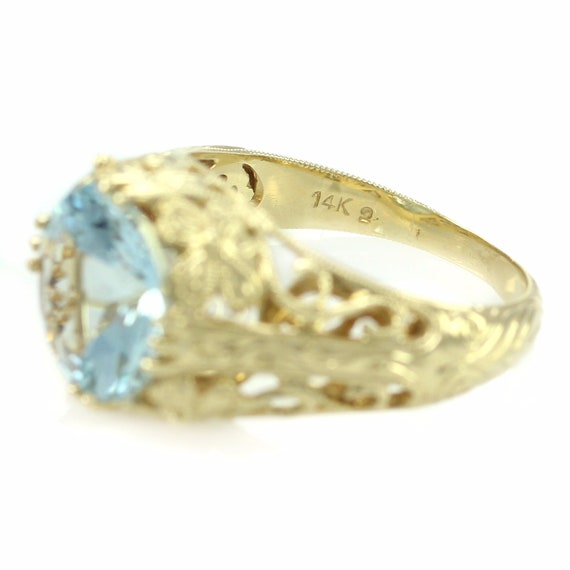 14K Aquamarine Floral Filigree Ring, 14K Aquamari… - image 5