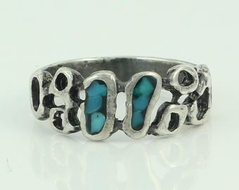 Vintage Turquoise Mosaic Sterling Silver Ring, Mid Century Modern Turquoise 925 Silver Band, Southwestern Size 5 Ring, Vintage Jewelry