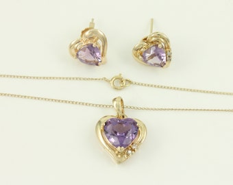 Vintage Heart Shaped Amethyst Diamond 14K Gold Necklace Earrings, Amethyst 14K Pendant Earring Set, February Birthstone Set, Vintage Jewelry