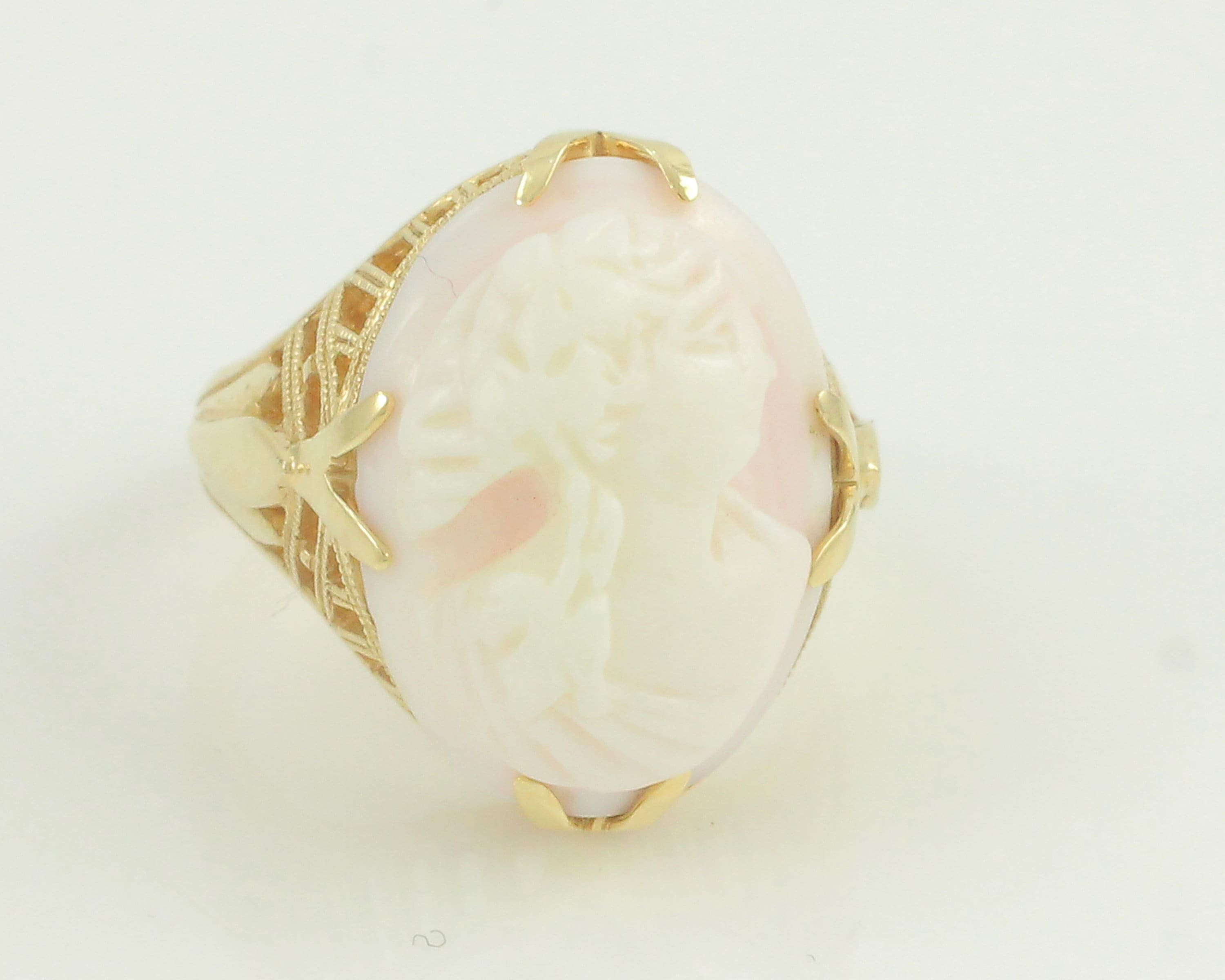 Vintage 14K Pink Cameo Ring, Vintage 14K Gold Glass Cameo Ring, Size 5.5 14K Cameo Ring, Vintage