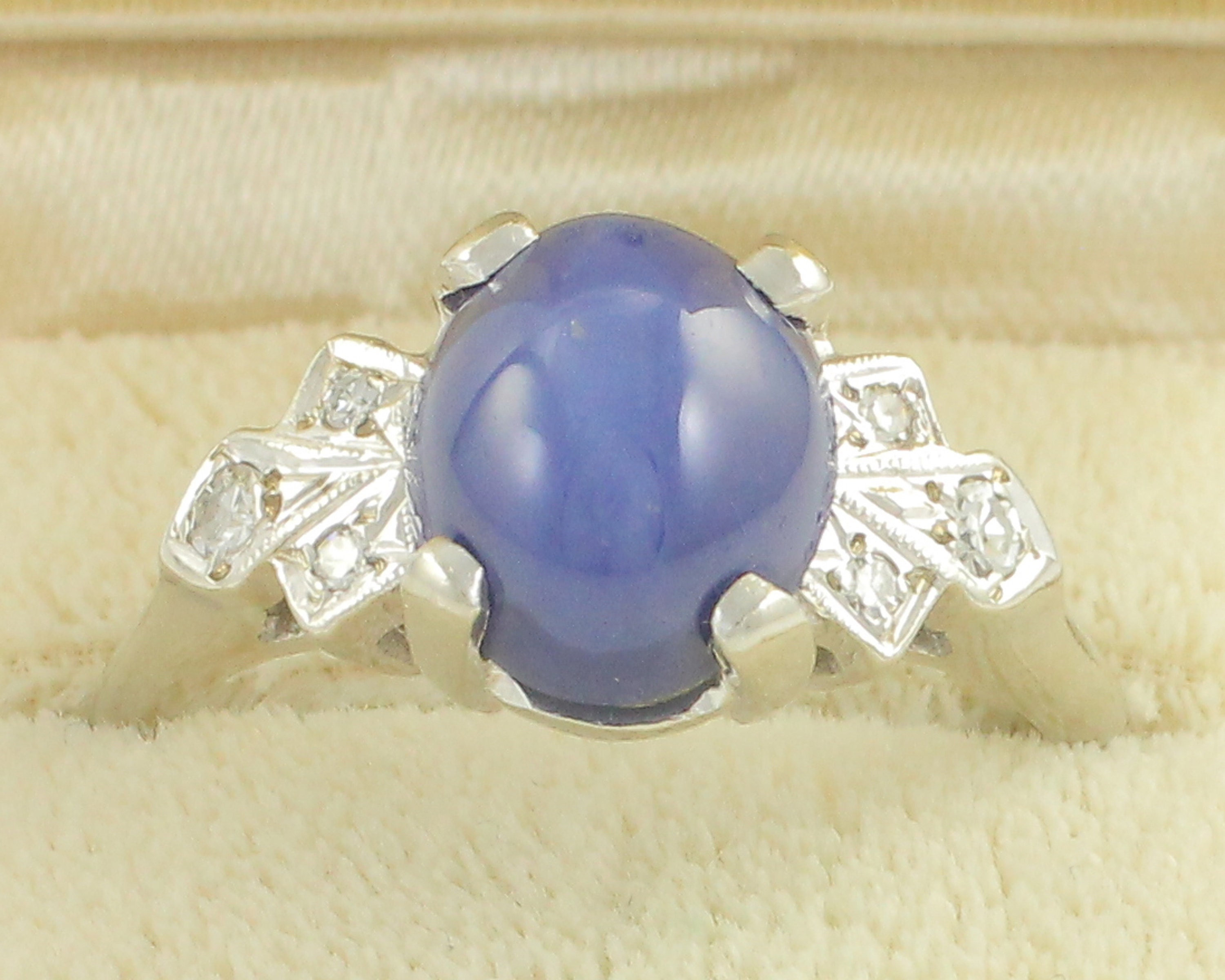 RESERVED for LP 14K White Gold Lab Created Blue Star Sapphire .15 CTTW Diamond Ring Romany Stern Stern 1960s 4 gram 7.5 Vintage Jewelry