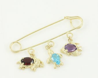 Vintage 14K Garnet Blue Topaz Amethyst Animal Pin, 14K Kilt Pin with Elephant Turtle Fish, 1990s 14K Safety Pin Gem Dangles, Vintage Jewelry