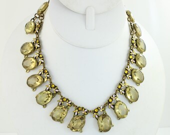 Vintage Glass Brass Enamel Fluorescent Necklace, 1930s Glowing Glass Enamel Flower Collar Necklace, It GLOWS, Vintage Jewelry