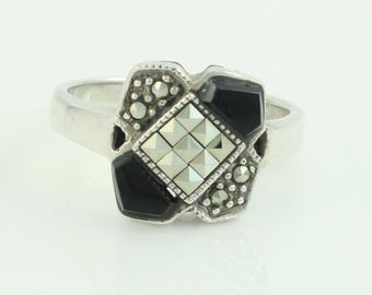 Vintage Sterling Black Onyx Marcasite Ring, Michael Anthony 925 Silver Onyx Marcasite Ring, Art Deco Revival Marcasite Ring, Vintage Jewelry