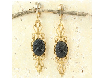 Vintage Black Cameo Earrings, Vintage Filigree Cameo Dangle Earrings, Long Filigree Cameo Drop Earrings, Vintage Jewelry, Estate Jewelry