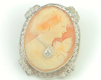 Vintage Cameo Brooch, 14K White Gold Filigree Diamond Habille Cameo Pendant, Antique Cameo,Lady Dove Flower Shell Cameo Pin, Vintage Jewelry