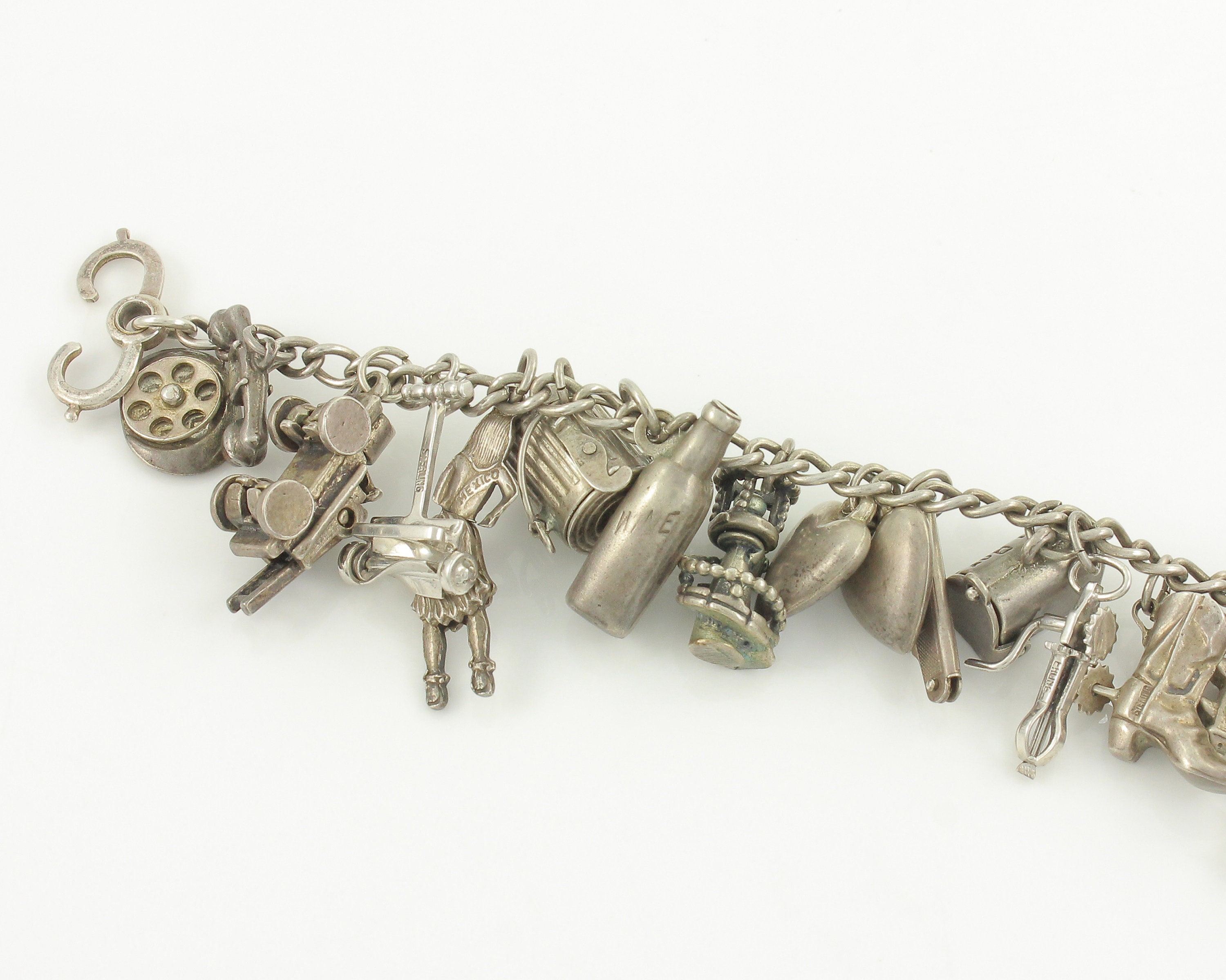 1940's Mexican Sterling Charm Bracelet Moving Parts