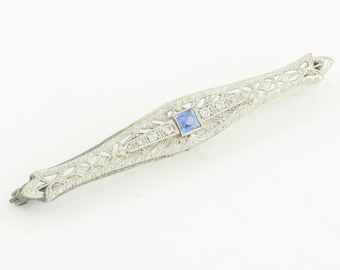 Edwardian Diamond Created Sapphire 14K Filigree Bar Pin - White Gold .12 CT Old European Cut Natural - Kohn & Co. Antique Vintage Jewelry