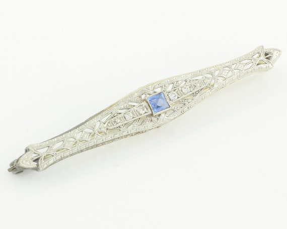 Edwardian 14K White Gold Filigree Bar Pin: Diamond and Lab-Created Sapphire Antique Brooch