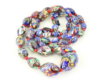 Antique Venetian Millefiore Graduated Beads Necklace, Cobalt Blue Red Yellow Green Millefiori Murano Oval Glass Beads, Vintage Jewelry