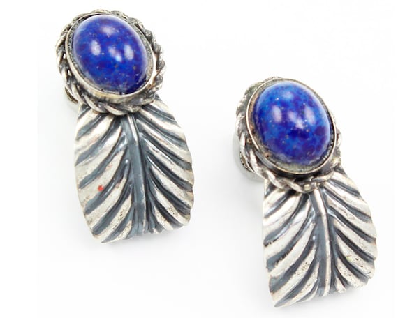 Vintage Coro Sterling Feather Faux Lapis Earrings… - image 1