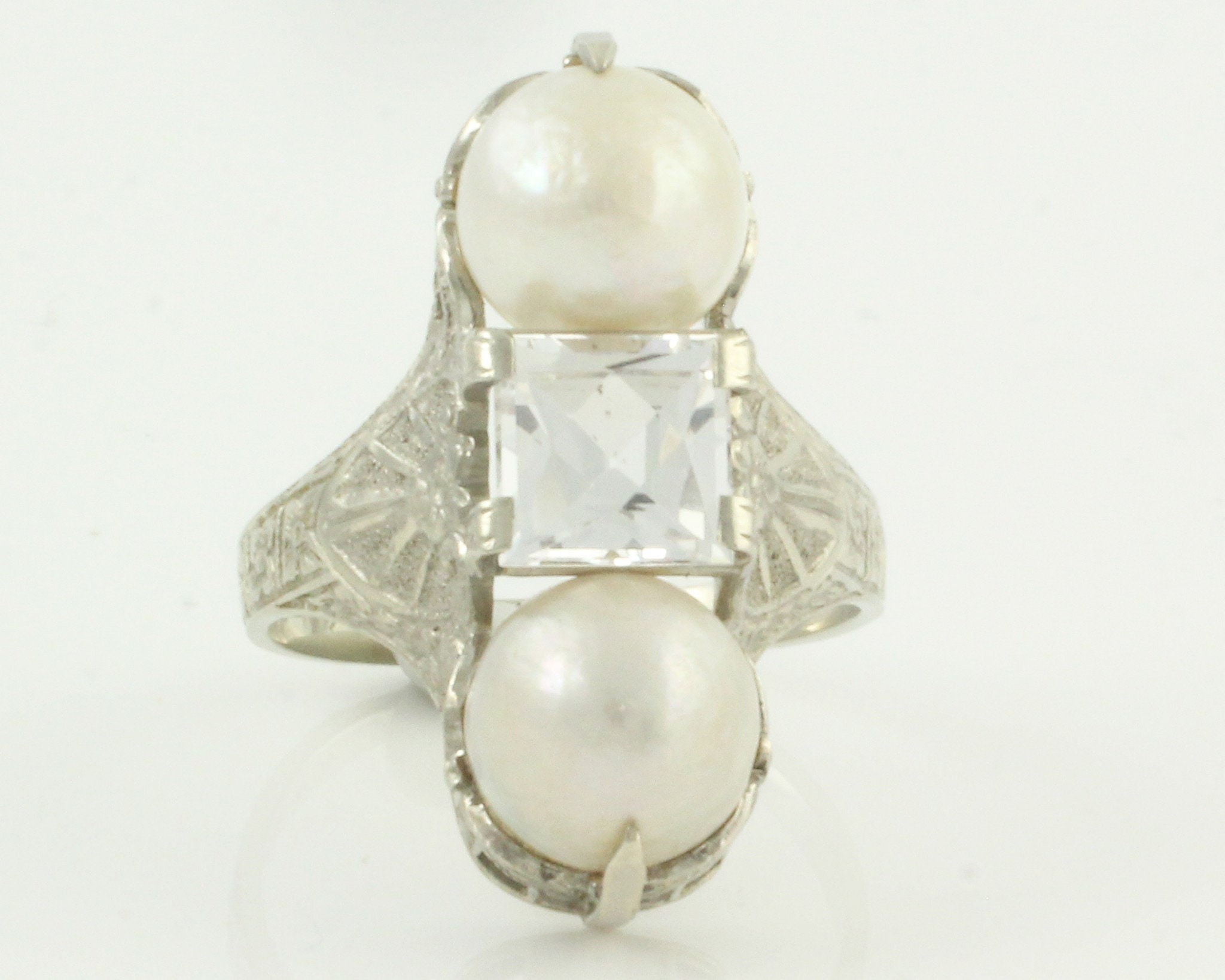 Art Deco Pearl Ring - Vintage 10K White Gold White Sapphire Cultured