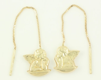 Vintage 14K Cherub Angle Ear Threaders, Vintage 14K Gold Cherub Threader Earrings, 1980s Solid 14K Ear Threader Dangle, Vintage Jewelry