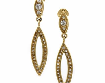 Vintage Monet Rhinestone Gold Tone Clip On Dangle Earrings, Vintage 1980s Monet Gold Tone Drop Earrings, Vintage Earrings, Vintage Jewelry