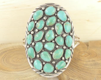 HUGE Silver Turquoise Cluster Bracelet Johnny Pablo Navajo - Sterling Oval Cluster 22 Stone Cuff 93.5g - Vintage Native American Jewelry